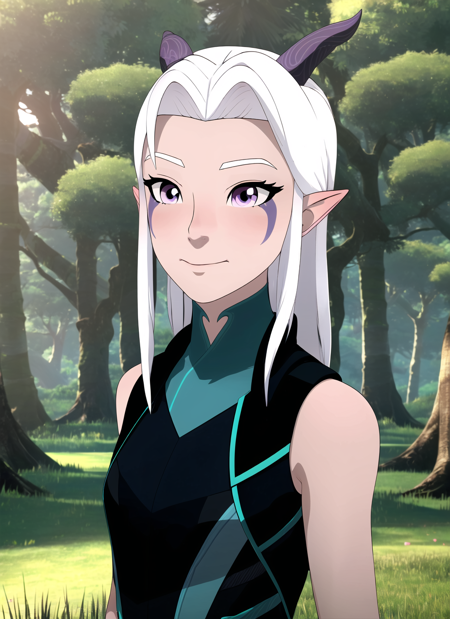 aaravos <lora:dragon_prince_aaravos_offset:1.2>, 1girl, solo, pointy ears, outdoors, purple eyes, forest, nature, tree, horns, long hair, white hair, facial mark, cgi, closed mouth, grass, bangs, 3d, (smile:0.7)