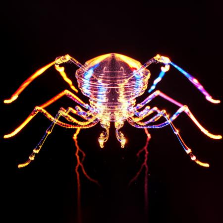 a (shineglasscd, neon lights, light particles, colorful:1.3, gradient, chromatic aberration) spider, bug,standing, (solo:1.2), <lora:shineglasscd-000027:0.9>, no humans, high quality, masterpiece, realistic, photorealistic, (dark background, lens flare, blurry, dof, full body)