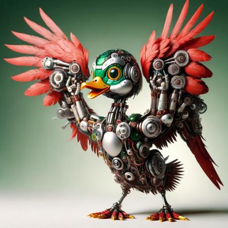 Duck cyborg, red feather wings,ral-rbtcprtz, ais-rbts, green head, happy, cute