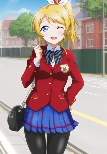 eli_ayase, <lora:eli_v1:0.9>, blue_eyes,  (yello hair:1.2), masterpiece, best quality,1girl, solo, skirt,long hair,pantyhose, tohsaka rin, two side up, shirt, black skirt, white shirt, homurahara academy school uniform, open clothes, ribbon, coat, glint, looking at viewer, white background, smile, red coat, brown vest, long sleeves, collared shirt, black pantyhose, school uniform, bangs, vest, simple background, standing, closed mouth, open coat,(kbxll:0)