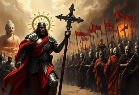 Jesus Christ, cladded in heavy armor, wielding a cross polearm, leading the armies of God to the eternal crusades
On the opposite side is Buddha, leading an army of monks 
Dark, oppressive, gothic style, realistic painting