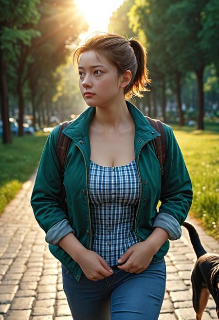 a young european woman, chubby, oval face, brown round eyes, snub nose, double chin, small lips, short brown hair, ponytail,
tight jeans, blue and white plaid shirt, green jacket, walking her dog, sunny afternoon, city park,
dynamic angle, hot summer evening, sunset, golden hour,
shallow depths of field,, masterpiece, 8k, ultra high res, ultra high detail, best quality, ultra detailed, realistic, highly detailed, trending artstation, award winning photograph by annie leibovitz, closeup photo, realistic, greg rutkowski, michael bayardashida, gustave dore alphonse, much craig mullins, matte painting, eugene de blake, cinematic, studio lighting, hyperrealistic, depth of field, bokeh, dof, beautiful, detailed, intricate, elegant, extremely smooth, digital illustration, epic conceptart, rendering, misty light, novel cover artwork, octane render, pixiv contest winner, yusuke murata,