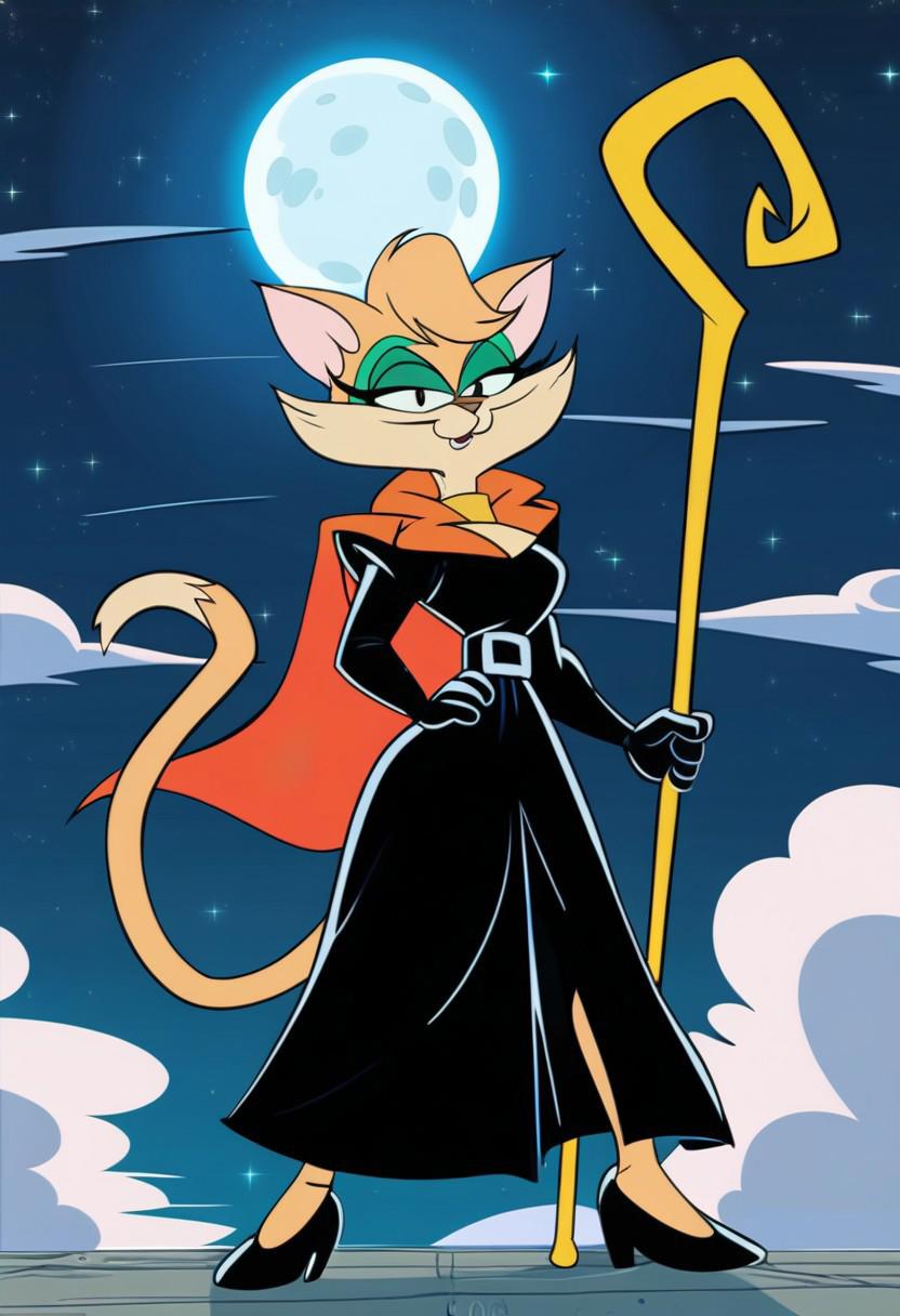 score_9, score_8_up, score_7_up, score_6_up, score_5_up, score_4_up, retro artstyle, BREAK 
Tabitha_Fantomcat,cat girl,short hair,1girl, solo, dress, hood, staff, black dress, holding, cloud, cape, gloves, moon, furry, long dress, hood up,cat tail, holding staff, furry female, sky, elbow gloves, full body, black gloves 
<lora:tabitha-v1:1>