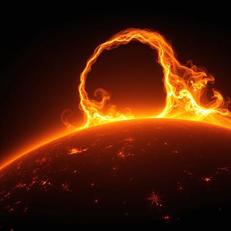 ultrarealistic UHD highly detailed 16K RAW photographic image of solar protuberance, the photograph captures a moment of celestial dance of fiery tendrils erupting from the Sun’s surface,  towering arc of incandescent plasma rises from the Sun’s surface, graciously bent and curved in the Sun's magnetic field, the contrast between the sun’s blinding brilliance and the pitch-black backdrop amplifies the protuberance’s otherworldly beauty, the image captures the raw untamable force, a moment of cosmic poetry where light and shadow converge in a visual masterpiece