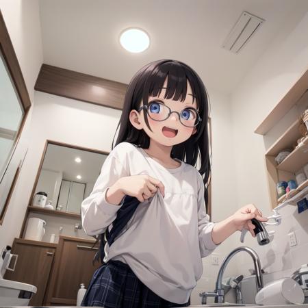 best quality, ultra-detailed, illustration,
JML, indoors, sink, door, faucet, washing machine, tiles, window, tile floor, night, ceiling light, night sky,
1girl, glasses, black hair, long hair, shirt, skirt, holding panties, holding clothes, solo, undressing, looking at viewer, gasping, laughing, happy, upper body,
<lora:JAPAN_Scenery_senmenjyo_SD15_V1:1>