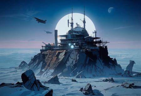 Seen from the sky, a futuristic city rises in the middle of an icy expanse. The scene takes place on another planet, as two moons are visible in the sky. The city is perched on a massive rocky spur, its architecture sleek and harmonious, made of glass and steel. A large building with a grand dome overlooks the city, and communication antennas are scattered throughout.
Space traffic is visible, with several spacecraft above and below, some docking at the city's elevated astroport. On the ground, a few mining vehicles operate. The city is surrounded by a vast frozen desert, with occasional jagged rocks protruding from the ice.
The sky remains bright as the sun sets behind us, casting a cold glow over the scene. The atmosphere is nocturnal, dominated by deep bluish tones.