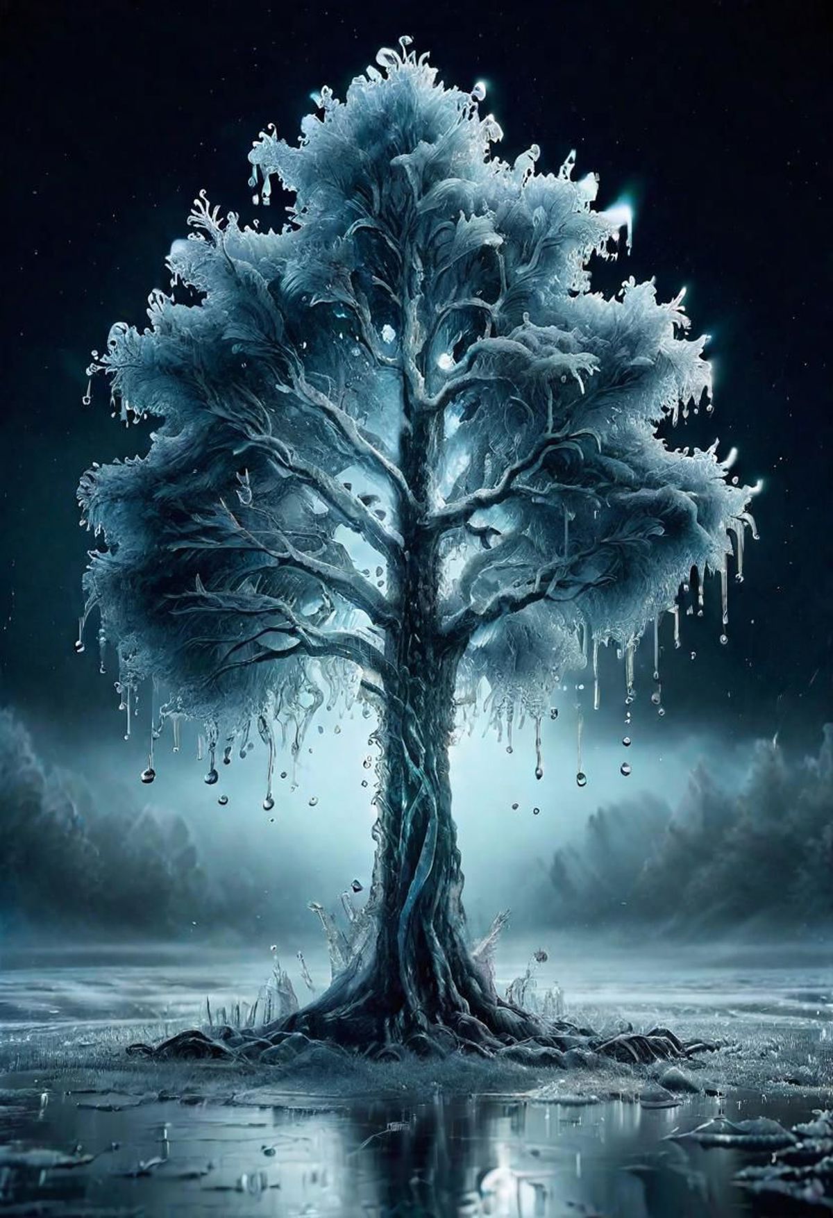 Frozen Tree with Icicles in a Dark Sky