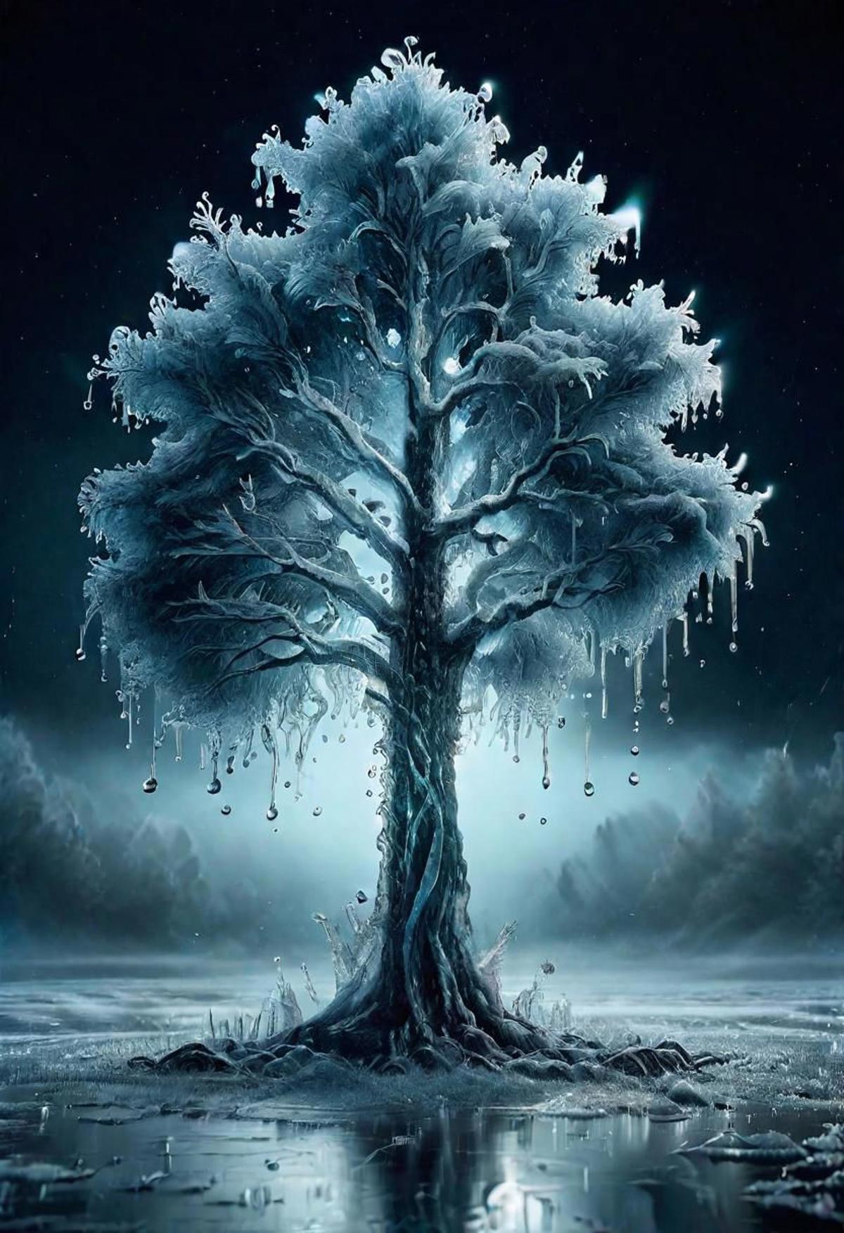 Frozen Tree with Icicles in a Dark Sky