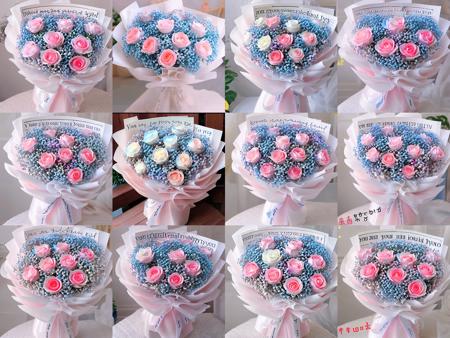 bouquet,pink rose,blue gypsophila paniculata,white rose,white packing, <lora:BouquetLatin_V13:1>