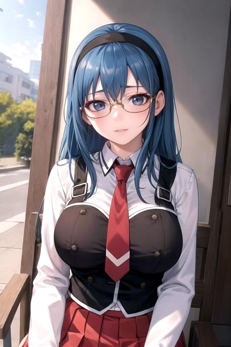 sitting, 
masterpiece, best quality, high quality, highres, outdoors, day, upper body, looking at viewer, solo, focused, BREAK, 
FAP_BibleBlack_JunkoMochida_ownwaifu, bible_black,
1girl, long hair, blue hair, hairband, breasts, large breasts, blue eyes, rimless eyewear, very long hair, 
skirt, thighhighs, long sleeves, school uniform,  necktie, glasses, zettai ryouiki, red necktie, suspenders, red skirt, pleated skirt,  black_vest, vest, 
<lora:FAP_BibleBlack_JunkoMochida_ownwaifu:0.65>