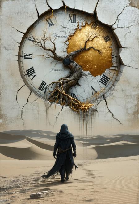 a lone traveler with a cracked spinal core walks a desert made of broken timepieces. a tree grows from their chest—its branches made of neurons, dripping gold sap. behind them, their own shadow watches and weeps.
<lora:FLUX-daubrez-DB4RZ-v2:0.55> <lora:Sinfully_Stylish_.02_for_FLUX:0.35> <lora:dystopia:0.6>