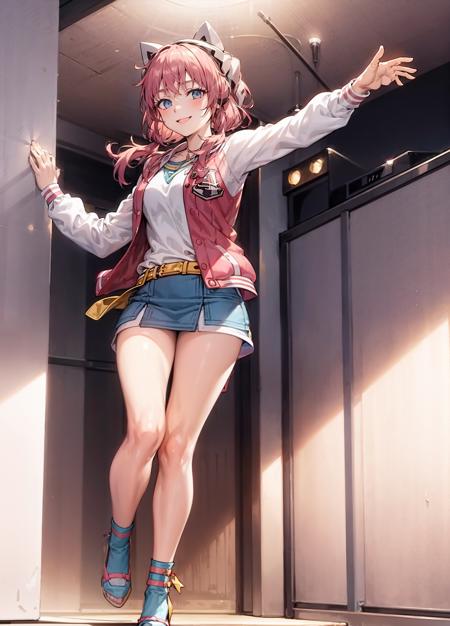 masterpiece, official art, dynamic angle, 1girl, full_body:1.4, irissagan,  <lora:irissagan-15:1>, smiling, indoors show stage rock pop music concert, jacket, pink heels, blue socks, low twintails, headset