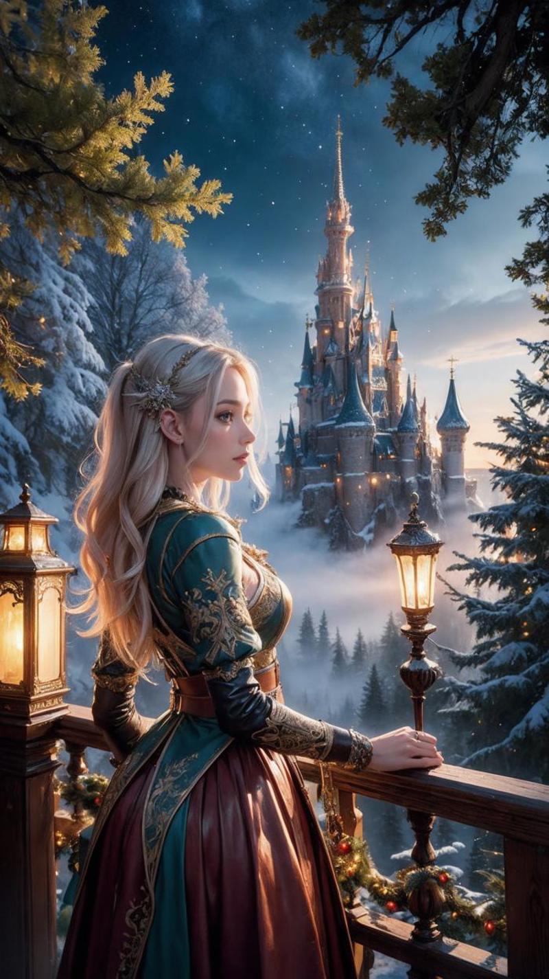 A beautiful princess in a blue dress stands near a lamppost and a castle in the snow.