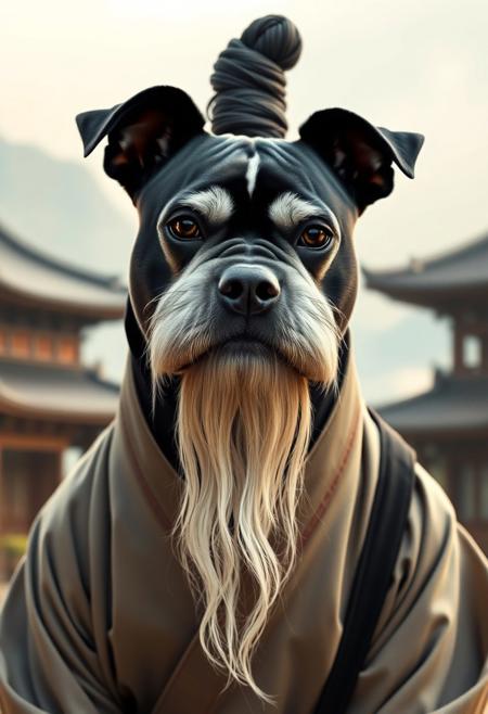 A photorealistic portrait of a black dog with a flat, squashed face, styled like a martial arts master. The dog has a long flowing white beard extending far below its chin, large bushy white eyebrows, and long sideways white whiskers. On top of its head is a traditional topknot bun, resembling Pai Mei from Kill Bill. The dog is wearing traditional East Asian monk robes in neutral tones, with a black sash. It stares directly into the camera with a calm, superior expression. The background is a misty mountain temple scene with warm natural lighting. Vertical 9:16 aspect ratio.