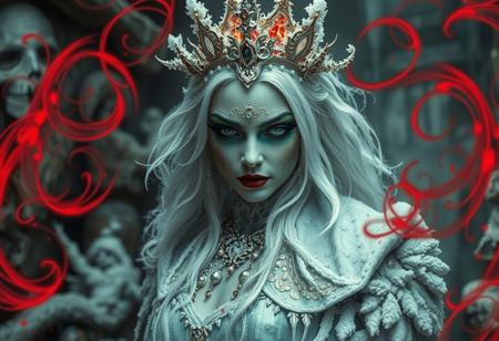 “A hyperrealistic depiction of an ice princess with an eerie ambiance, wearing heavy gothic makeup, set in a rotten and decayed world. The scene is intricate with frost-covered elements, blending a fantasy horror concept with a dark fairytale wonderland background. Red and acid green color twirls swirl through the scene, adding an ominous and sinister touch. The white and gold color palette contrasts sharply with decayed, rotting surroundings and the red and green accents, creating a haunting atmosphere. The image uses a 12mm lens effect to enhance depth and distortion, with sharp contrasts, deep shadows, and an ultra-detailed photorealistic style. The ice princess appears both enchanting and terrifying, emanating mesmerizing visual storytelling in a chilling, frost-bitten, and decayed environment. A rotten writing in ebon wood reads ‘a buzz 4 the Queen?’.”