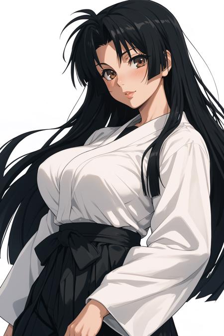 cal shekar, brown eyes, black hair, long hair, large breasts, hadanugi dousa, long sleeves, black hakama,