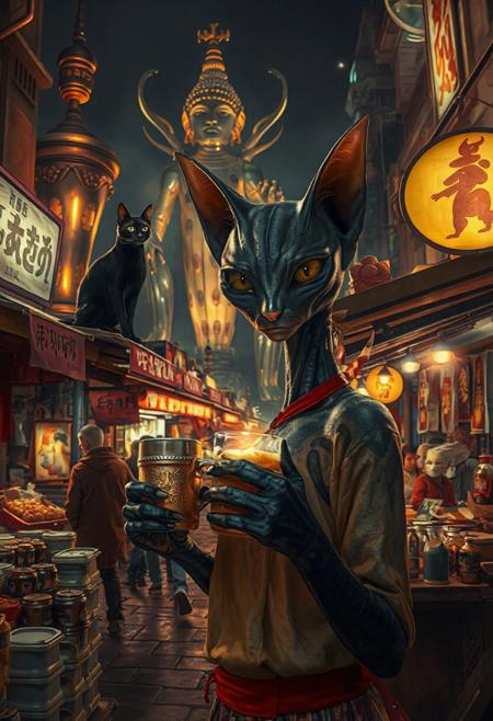 Setting is an extraterrestrial alien street market at night in a city of an extremely advanced extraterrestrial civilization, ((all writing is in an alien script)), ((all lighting is exotic and of an extremely advanced technology.,  the market is comprised of street vendors selling food, exotic technological wonders, and alien clothing. The extraterrestrial beings have a variety of appearances (some are human-like, others are insectoid or feline or canine or reptilian, they are wearing a variety of clothing are walking through the street market shopping and eating, A black cat with red collar sits on a nearby wooden roof at a market kiosk. Behind the a kiosk counter are containers of exotic goods, (((a beautiful alien anthropogenic cat-like being, 24 years old, is standing in the foreground facing the viewer with a glowing metal goblet of beer in her paw/hand. Her eyes are beautiful and focused on the viewer, she has an expression of interested curiosity))), the being is dressed in exotic style clothing of a completely exotic aesthetic. Enormous metallic statues and temples are visible in the background and around the scene and smaller statues are prevalent in the market, Epic image that elicits a feeling of wonder and awe,