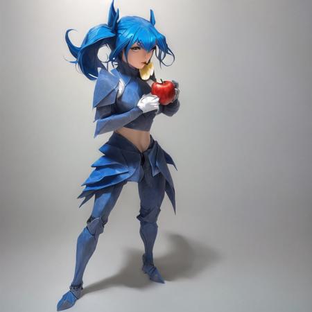 masterpiece, best quality, hd photo, an origami girl eating an origami apple, blue hair, full body, wearing pants, wearing armor, <lora:origamiV1:1>