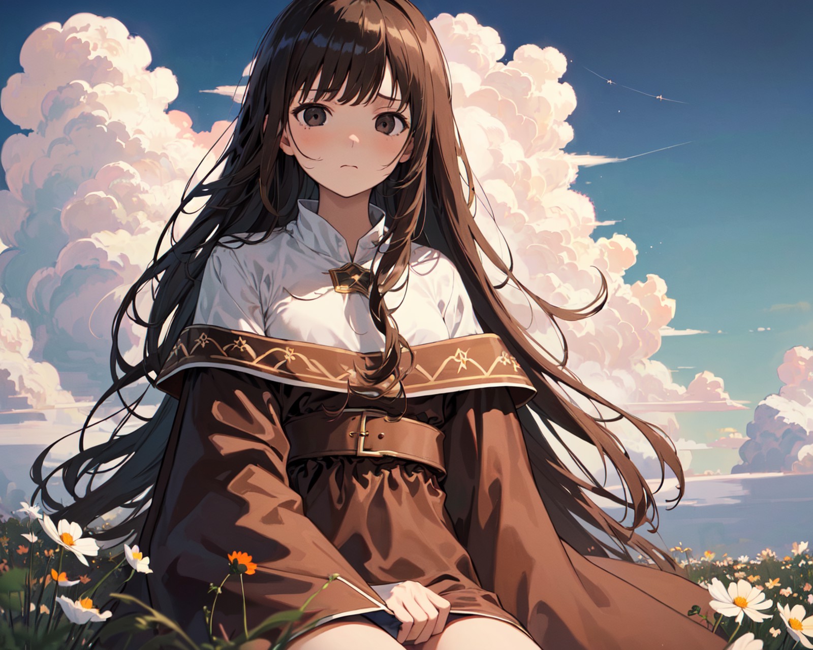 (best quality, masterpiece), (1girl, solo, brown robe, expression face, looking away, sitting, wide sleeves, black eyes, c...