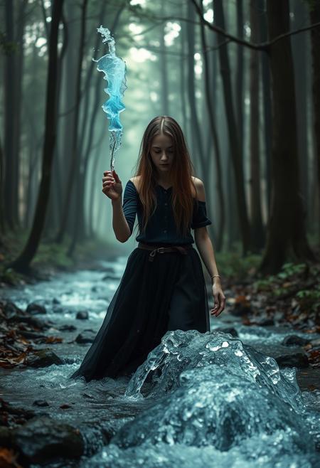 A 35-year-old girl in the forest uses water magic, horror, dark forest, controls a large flow of water