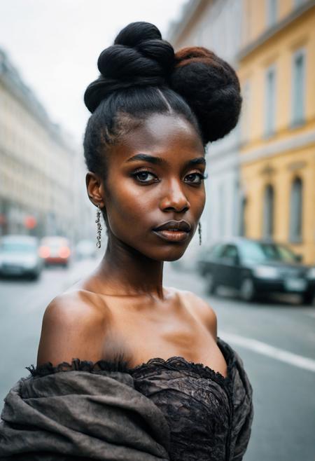 Craft a highly detailed cinematic (full body portrait), capturing the essence of a character in a cinematic setting.
Cisgender .
Horse-Drawn Carriage Ride through Vienna's Historic Streets 
African .
(Expression: Bold and Daring .)
Hair Style: Messy Bun .
Hair Color: Coal Black .
Eye Color: Deep Brown .
(Skin Detail: The skin exhibits ultra-detailed features down to the pores, capturing every nuance and texture with precision.)
Atmospheric Ambiance: Subdued mist or fog adding an eerie touch .
<lora:add-detail-xl:1> <lora:sdxl_offset_example_v10:1>