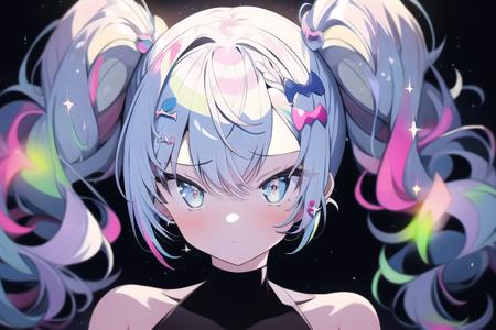 masterpiece, best quality,1girl, aqua_eyes, aqua_hair, bangs, bare_shoulders, blue_hair, close-up, closed_mouth, eyebrows_visible_through_hair, hair_between_eyes, hair_ornament, light_particles, long_hair, looking_at_viewer, multicolored_hair, night, night_sky, pink_hair, shooting_star, solo, space, sparkle, star_\(sky\), starry_sky, starry_sky_print, twintails