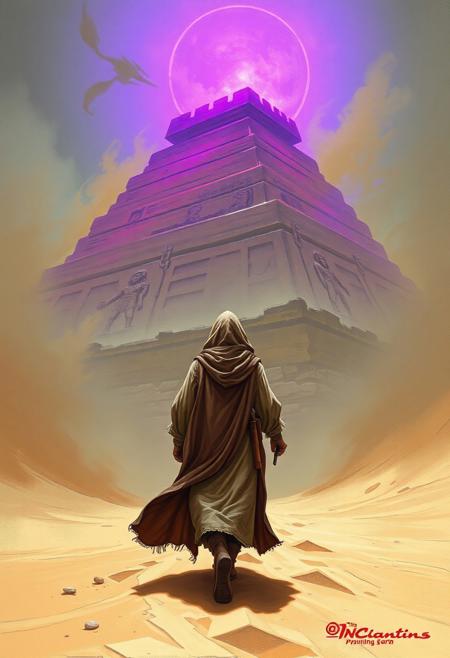 A desert-robed wanderer strides through a sandstorm toward a buried ziggurat whose apex glows with eerie violet light. Each gust reveals carved effigies of forgotten gods on the dune-slid walls., dndpntng style vintage fantasy painting, 1980s RPG style, hand painted with dramatic shadows and fantasy details, <lora:dnd-painting_v10:1>