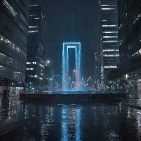 photograph of modern office towers, waterfall fountain shaped like pi letter, in futuristic dark rainy cyberpunk city setting at night, indigo