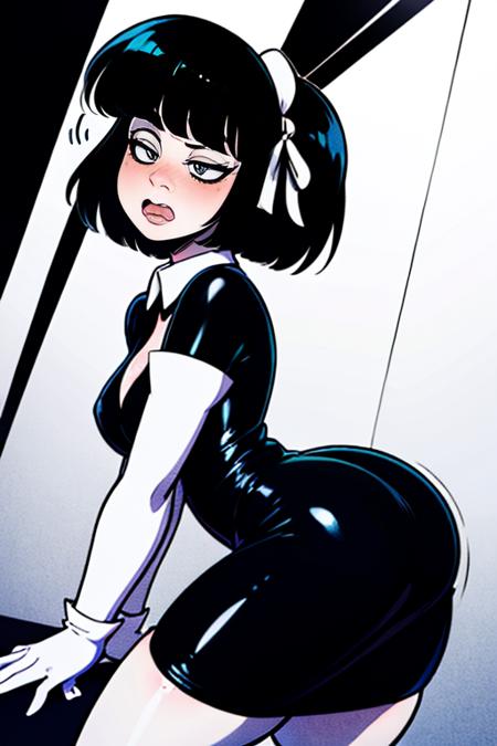 Susie, short hair, bags under eyes,  (grey skin), right eye half closed, wavy mouth,  black eyeliner, legs spread,  blush,  thick butt, low angle1:1
SuDr, tight long  black dress with white collar, long sleeves, white gloves, black hair ribbon, 
dark room,
(insanely detailed, beautiful detailed face, masterpiece, best quality) <lora:Susie-10:0.8>