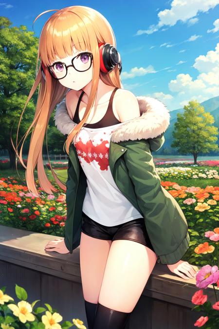 masterpiece, best quality, highres,
<lora:futaba-sakura-v2-07:0.9>, 1girl, futabasakura, blunt bangs, glasses, black-framed eyewear, ahoge, small breasts,
glasses,  headphones, behind-the-head headphones, white shirt, jacket, off shoulder, fur trim, fur-trimmed jacket,  green jacket, shorts, thighhighs, boots,
 cowboy shot, garden, flowers, trees, golden hour,