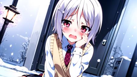 <lora:furano4:1:RMCT>1girl,solo,hair ornament,(blush:1.2),white hair,short hair,furano_cloth,
 jewel-like eyes,crying,open mouth, 
school uniform, 
sitting,full body, above waist, tears,hand on own face, 
dusk,lamp,park,Snow cover,school building,
sonw,wind,warm light,colorful,
cinematic angle,looking at viewer, from front