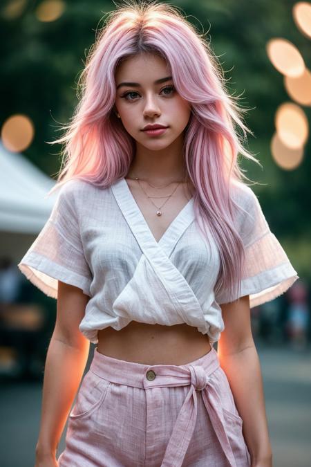 photo of beautiful (rbr0ckman:0.99), a woman with perfect hair, wearing Cotton Candy Pink (Wrap Blouse, Linen Pants:1.1),  (music festival:1.1), closeup, (happy) modelshoot style, (extremely detailed CG unity 8k wallpaper), professional majestic photography, (Leica M6 Camera), 24mm, exposure blend, hdr, faded, extremely intricate, High (Detail:1.1), Sharp focus, dramatic, soft cinematic light, (looking at viewer), (detailed pupils), 4k textures, elegant, ((((cinematic look)))), soothing tones, insane details, hyperdetailed, low contrast, (epicPhoto)