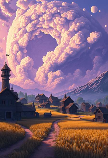 picture has a cyan and yellow colors with hints of purple, oil-matte painting, busy skies, circular shape clouds, watchtower, anime landscape drawing masterpiece, beautifully crafted architecture, calm and relaxing art, dim colors, fantasy village, houses made out of stone and wood with dirt roads, swamp far away, well, creative perspective, the skies are purple, some houses are multi story, detailed wheat field, strong wing bends the tall grass, at the background there is a huge storm coming consuming the calm skies, surreal thunders coming out of that detailed sky, far from a peaceful village, corrupt ground under the storm far away, great sense of scale, mountains to the right side of the frame, UHD, very good quality, slight fog, smooth, sharp