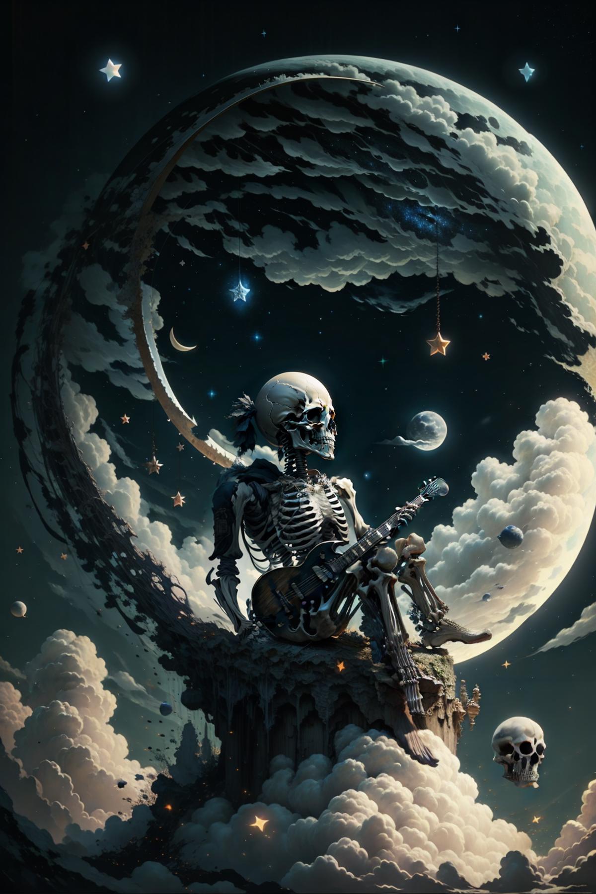 A skeleton playing a guitar in front of a moon and stars.