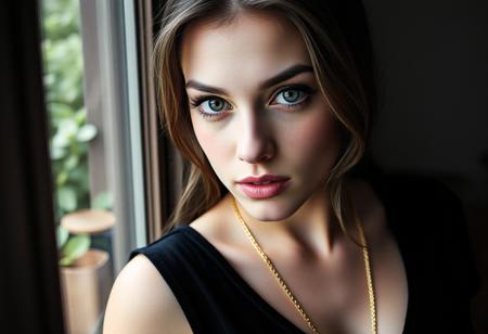 black and white close-up portrait taken from inside of a young woman with medium breasts, perfect eyes, and light makeup, wearing a black velvet top and gold chain. She gazes seductively through an open window, framed by blurred greenery. dutch angle, Rembrandt lighting enhances her elegance, with Kodak Portra colors and professional grading.