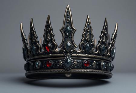 front view, close up shot of an ornamented viking crown, male core, jewels and black, intricate details, metal, photo realistic, ultra detailed, grey studio background