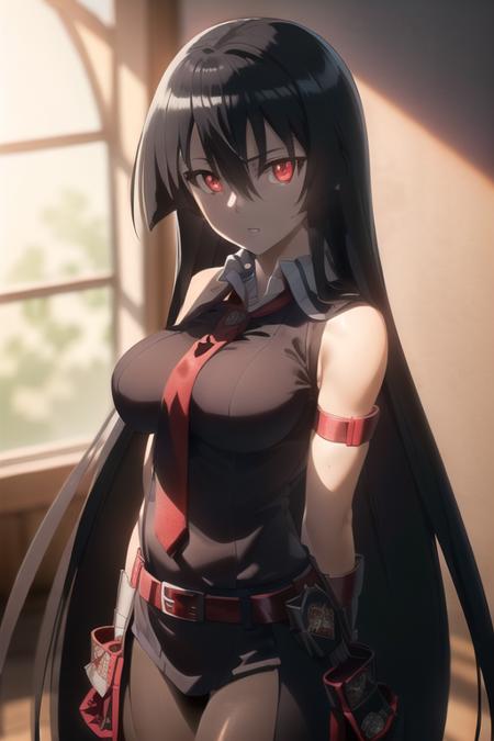 akame (akame ga kill!), (masterpiece, best quality), (((extremely detailed, intricate details, lush detail, insanely detailed face, beautiful red eyes, shiny skin, sharp eyes))), ((Indoors, dramatic shadows, vibrant colors, backlighting, depth of field, highleg, contrapposto, (very long hair))), (((solo, 1girl, shadow over face, glowing red eyes))), black hair, ((medium breasts)), (( sleeveless black shirt, red tie, black skirt, white collar shirt, red belt, hidden hands)), bangs, hair between eyes, ass, big eyes, upper body, face focus, muscle, slim body, looking at viewer, long black gloves, red bracer