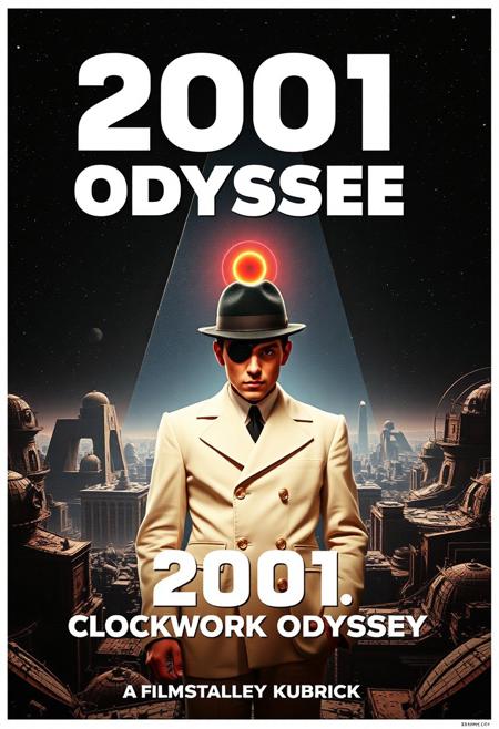 Design a striking and surreal movie poster for 2001: CLOCKWORK ODYSSEY, a blend of Stanley Kubrick’s iconic films A Clockwork Orange and 2001: A Space Odyssey. In the foreground, feature Alex from A Clockwork Orange in his classic white outfit, bowler hat, and disturbing single eyelash. He stands against a backdrop of space, with the HAL 9000 red eye ominously glowing in the distance. The monolith from 2001 looms behind him, while elements of the dystopian, urban world of Clockwork Orange are subtly integrated into the vast, sterile spacescapes of 2001. The color palette should feature the warm oranges and blacks of Clockwork Orange contrasted with the cool whites and blues of 2001. At the top or bottom of the poster, boldly display the title 2001: CLOCKWORK ODYSSEY, fusing the typography styles of both films. Below the title, add: ‘A Film by Stanley Kubrick,’ to highlight the legendary director’s vision