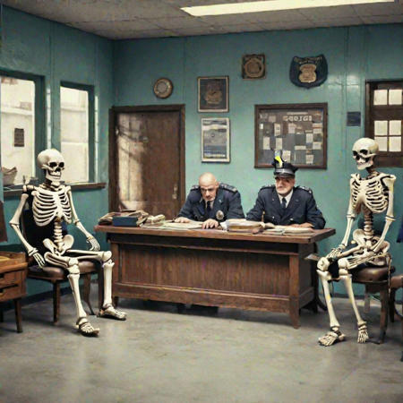A police station, interrogation going on, healthy skeleton wearing shorts, cops looking at him angrily, old furniture, name boards, weapons, staff