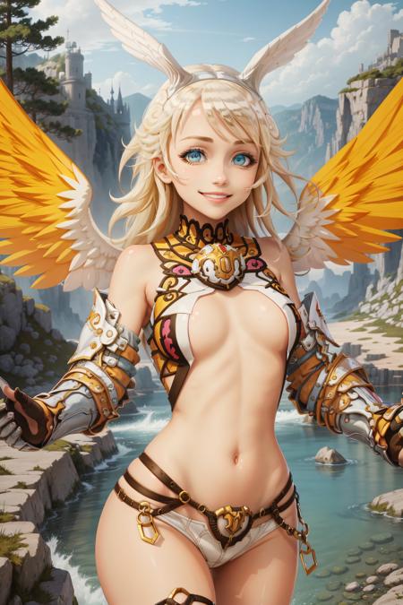 masterpiece, best quality, 1girl, gabriel, wings, fantasy landscape, outdoors, smirk, god rays <lora:GabrielV1:0.9>