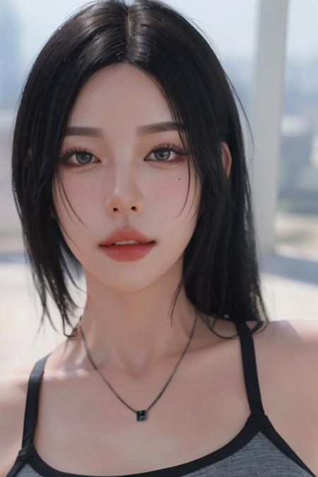 ((best quality)),absurdres,(ultra high res),(photorealistic:1.6), octane render,(hyperrealistic:1.2), (photorealistic face:1.2), mature woman, modeling,  perfect face, naughty face, sports bra, yoga pans, necklace, medium hair, (full body shot), (realistic:1.7), (8k), (Masterpiece), (realistic skin texture), (soft lighting), (black eyes), <lora:dongeurann:0.75>