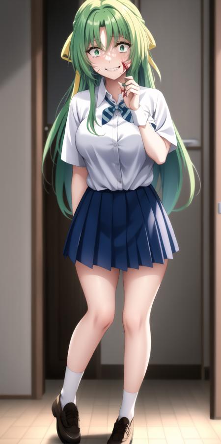 1girl, green eyes, green hair, long hair, yellow hair ribbon, short sleeves,
collared shirt, striped bow tie, pleated skirt, shoes, socks, bare legs, thighs
full body, standing,
 <lora:SonozakiShion:0.7>, sonozaki shion,
 <lora:crazyExpressions_crazyExpressions:1>, (crazy smile), constricted pupils, looking at viewer, (blood on face), blood,
 <lora:piromizu512:0.4>