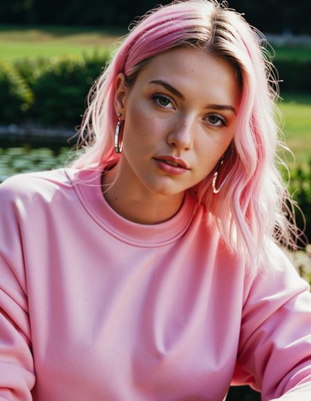 close up analogue photo of a beautiful 25 years old woman, clear focus, high resolution image, ,wearing K-Pop: Bright pink oversized sweatshirt, metallic silver mini skirt, chunky platform sneakers, glittery eye makeup, glossy lips, and high pigtails with colorful hair ties.,,low light, soft natural light, Rembrandt style light, Hasselblad DLSR camera, 200mm Zeiss lens, f/2.8, ,Sexy pose, erotic pose, exhibitionism, ,A tranquil garden with a pond and blooming flowers