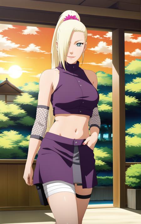 ponytail, flower hair, long hair,  blank period, long skirt, purple apron skirt, purple high-collared blouse, mesh arm warmers, midriff, navel, toeless footwear, midriff, navel naruto shippuuden, alternate costume, purple high-collared blouse, midriff, navel, miniskirt, bandages, thigh holster, thigh strap, sandals, mesh arm warmers, chef uniform, mesh arm warmers, white apron, toeless footwear, pink shirt, emerald necklace, purple bracelet, long skirt, purple apron skirt, shirt tucked in, florida outfit, torn shorts, denim shorts, purple high-collared blouse, mesh arm warmers, toeless footwear, midriff, navel,