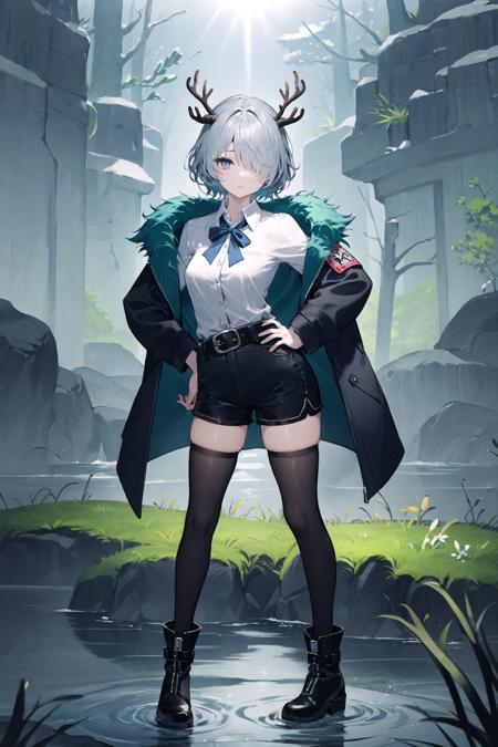 1girl, shirt, thighhighs, shorts, solo, hair over one eye, black shorts, grey hair, white shirt, boots, short hair, ribbon , hand on hip, blue eyes, jacket on shoulders, jacket, black footwear, black thighhighs, horns, standing, breasts, full body, long sleeves, looking at viewer, cracked floor, closed mouth, blue ribbon, coat on shoulders, buckle, neck ribbon, collared shirt, belt, coat, black jacket , belt buckle, black coat, short shorts, bangs, dress shirt, blue bow ,scenery, nature, outdoors, tree, forest, reflection, water, day, sunlight, grass, moss, river, rock, blurry, deer, animal 
//,
///////////  <lora:netural-000193:1>