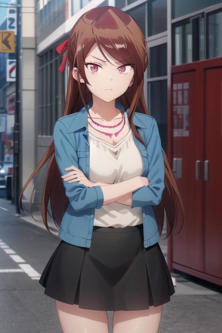 (extremely detailed CG unity 8k wallpaper), (masterpiece), (best quality), (ultra-detailed), (best illustration), (best shadow), (absurdres), 1girl, solo, <lora:sawako_v2:0.8>, sekijou sawako, long hair, blue jacket, white shirt, black skirt, necklace, looking at viewer, arms crossed