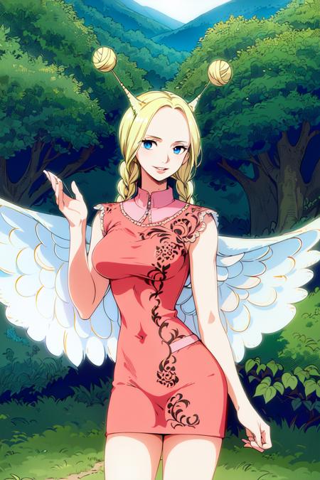 masterpiece, ((ultra detailed background, delicate pattern, intricate detail)), (highly detailed, fine details), best quality, beautiful lighting, ((medium breasts, slim girl)), Conis, 1girl, solo, blonde hair, wings, twin braids, smile, dress, blue eyes, bun, complex detailed background, blue sky, grass, trees, nature environment, (cowboy shot),   <lora:Conis:0.75>