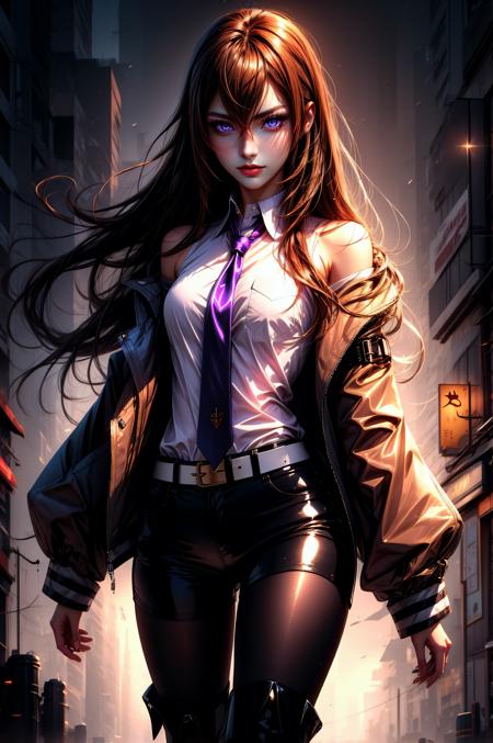 makise kurisu, purple eyes, brown hair, long hair, between eyes, long sleeves, white shirt, open clothes, necktie, shiny, collared shirt, belt, off shoulder, shiny hair, black pantyhose, short shorts, black shorts, red necktie, brown jacket, ankle boots,