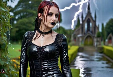 (RAW photo, subject, 8k uhd, dslr, soft lighting, high quality, film grain, Fujifilm XT3, masterpiece, best quality, extremely detailed photograph, volumatic light, ray tracing, bust shot , extremely detailed 8k wallpaper, nsfw), abstract fashion portrait of (((two:1.8) (wet:1.8) (gothic:1.8) girl:2.0), (beautiful african or german girl), (black or brown or white (wet:1.8) skin), (long or medium lenght straight wavey black blonde brunette (wet:1.8) hair),, (colorful streaks), undercut hairstyle, chin bangs, dread hairstyle, braid hairstyle, delicate face and eyes, glossy lips, (giant breast:2.0), perky tits, small waist, hourglass figure, (goithic tattoos:1.8), (piercings:1.6),  wear sexy tight skinny (transparent:1.8) (wet:1.8) gothic summer dress, sit on bench in beautiful garden with dark red roses, in the background a small river, a bridge  an old church, crowd, look at viewer, sexy pose, smile, hdr, (heavy rain:1.8), (wind:1.8), (wetlook:1.6), (lightning:2.8)