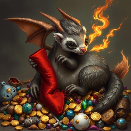 A dragon ferret hybrid, a furry dragon with ferret features, a ferret evolved into a dragon, stealing a rolled up sock, hoarding trinkets and toys mixed with treasure, grabbing red sock, grey  brown  and white colored fur, furry tail, dragon wings, breathing fire, laying on top a pile of hoarded treasure which includes gold coins gems socks and plushies,